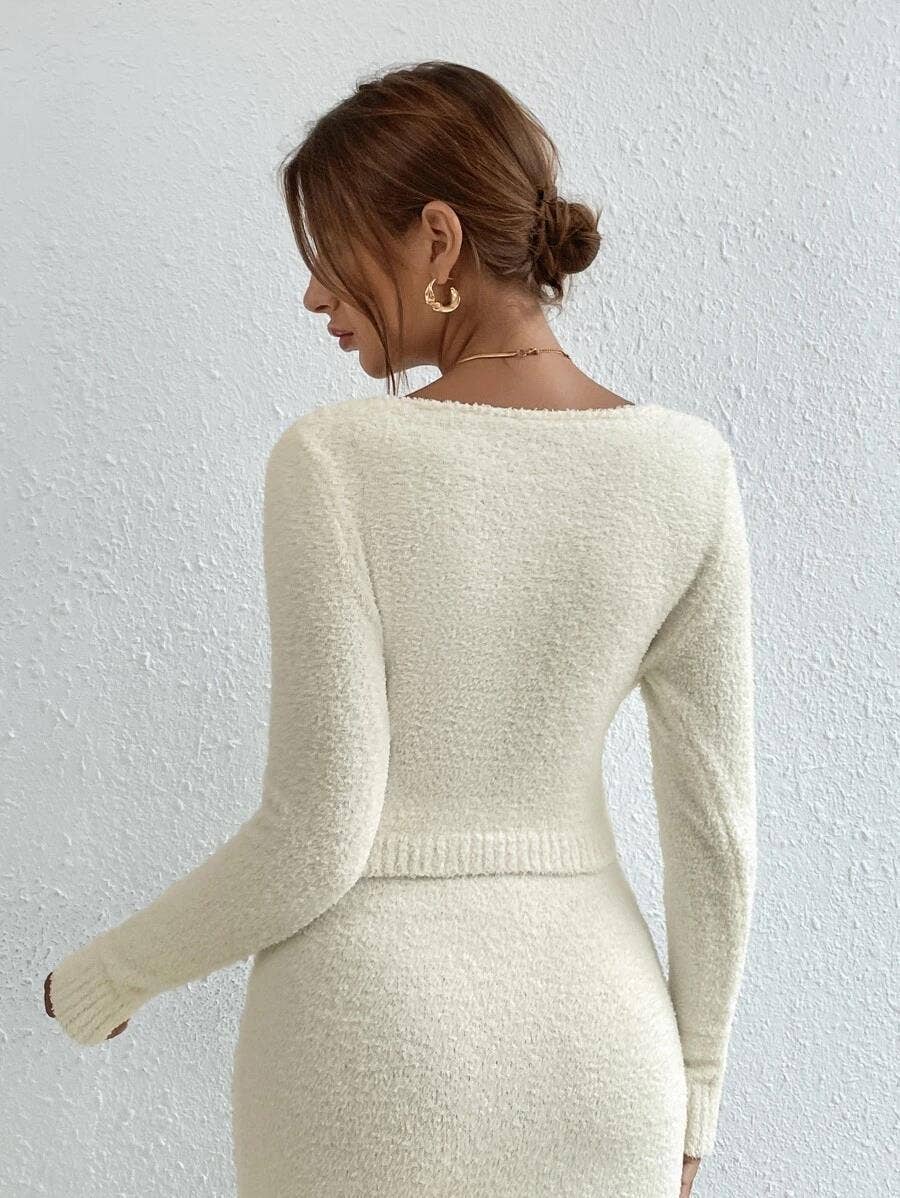 Two-Piece Knitted Solid-Color Top,Skirt Set