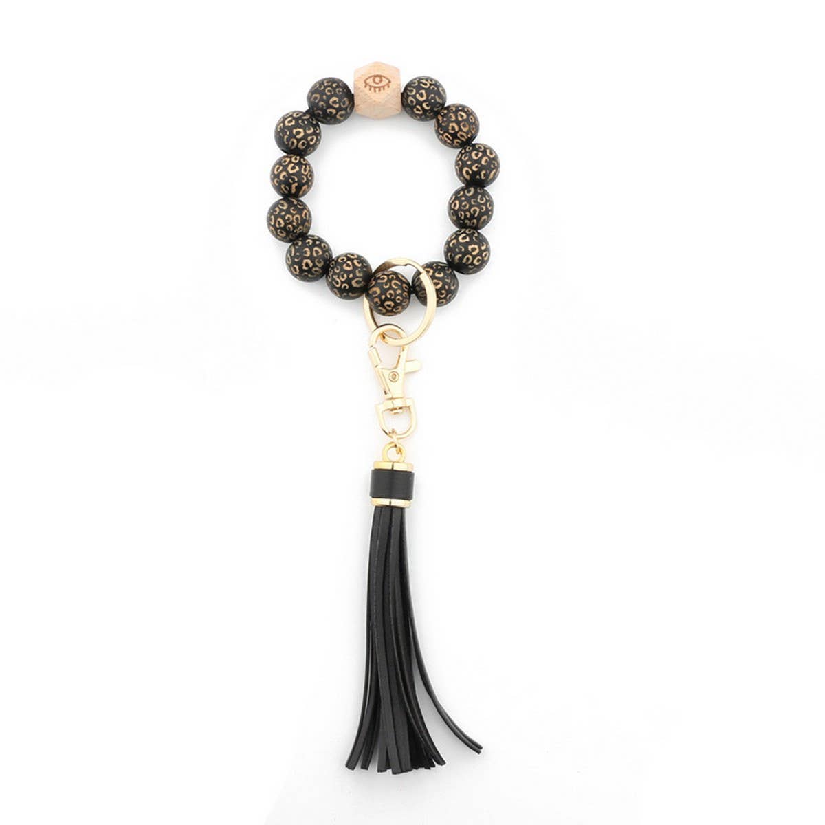 LEOPARD WOOD BEAD BRACELET KEYCHAIN WITH TASSEL_CWMM7016