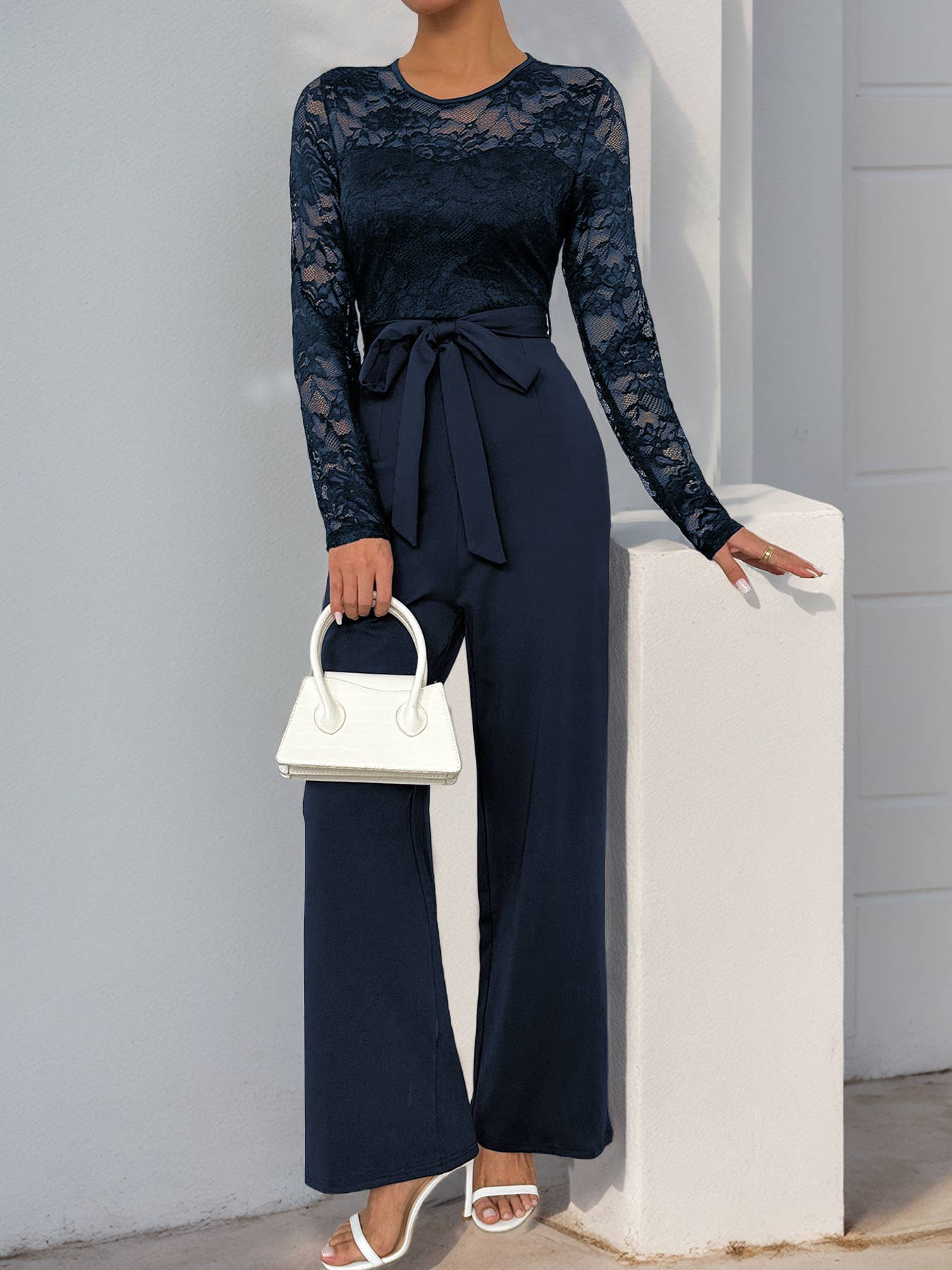 Solid Color Jumpsuit Lace Patchwork Zipper