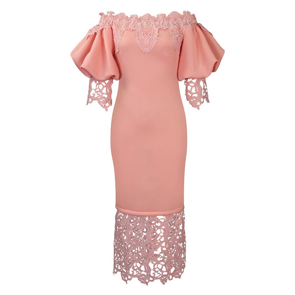 BOAT NECK LACE PATCHWORK LANTERN SLEEVE DRESS_CWDMD3683