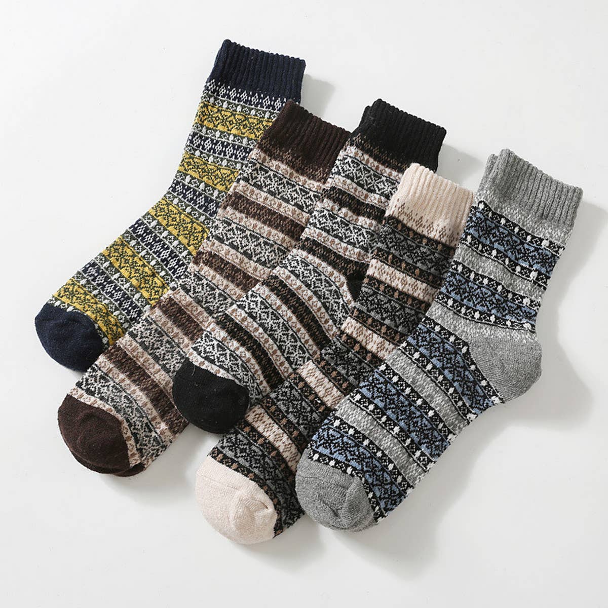 5 PAIRS OF ETHNIC STYLE SMALL DIAMOND WOOL SOCKS_CWMS0677