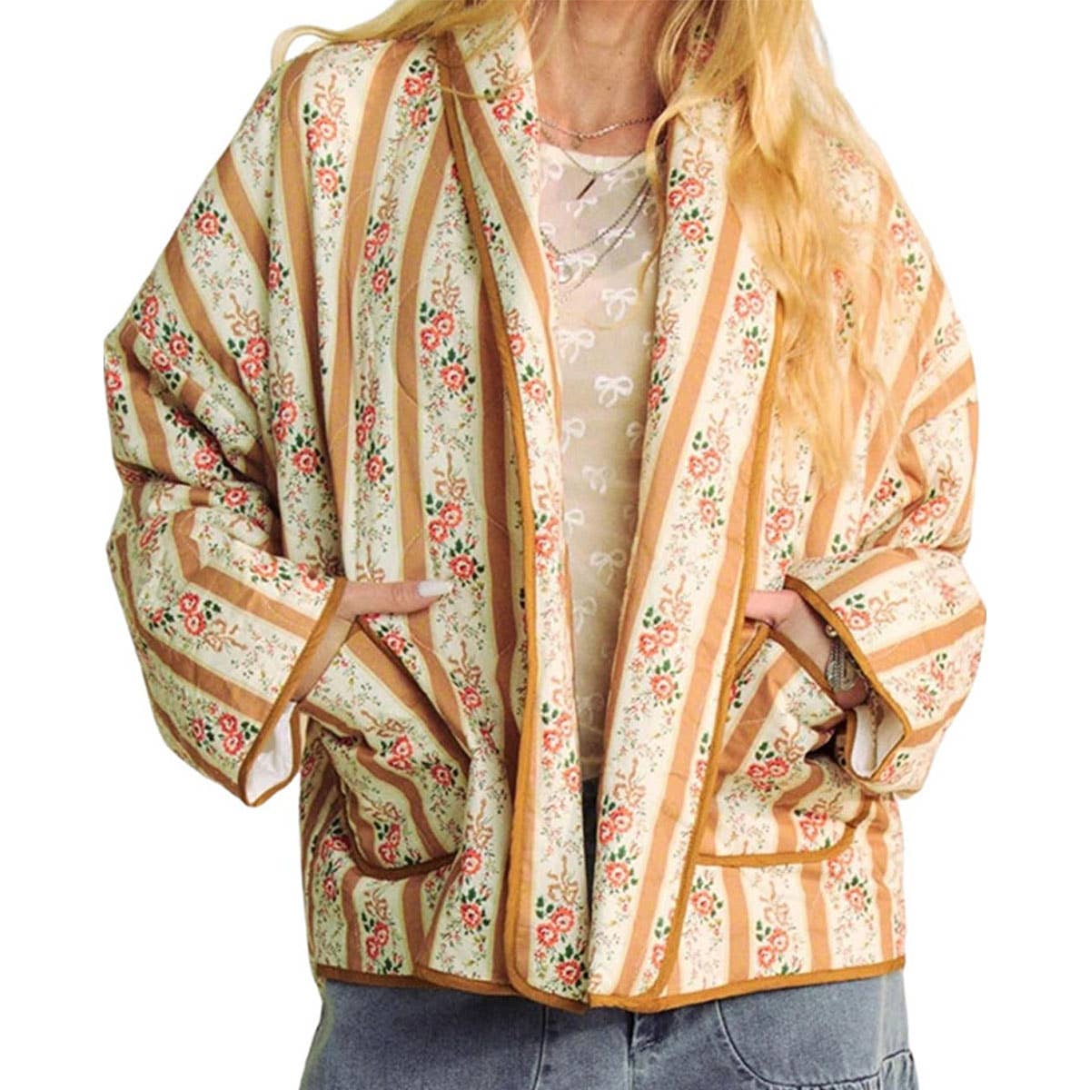 STRIPED FLORAL PRINT LOOSE QUILTED JACKET_CWOJA1552