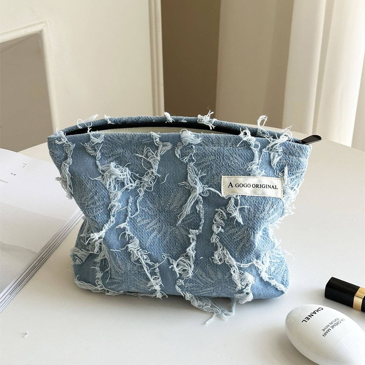 Denim Makeup Bag Large Pillow Handbag Travel Pouch_Cuab00702