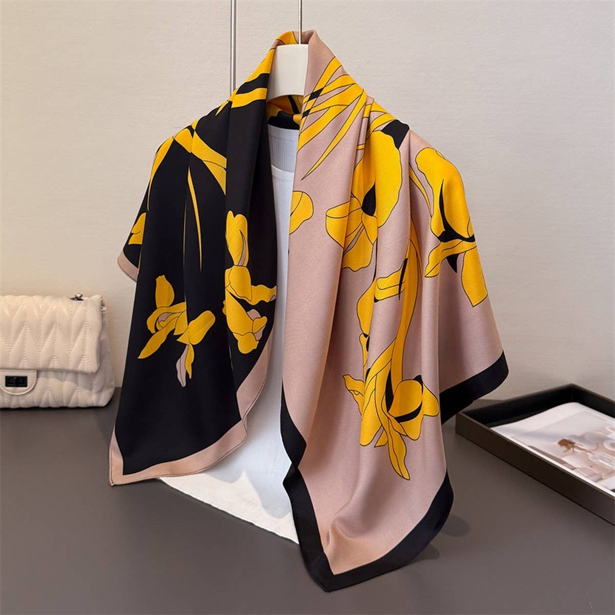 Retro Floral Faux Silk Square Neck Scarf_Cwasc03436