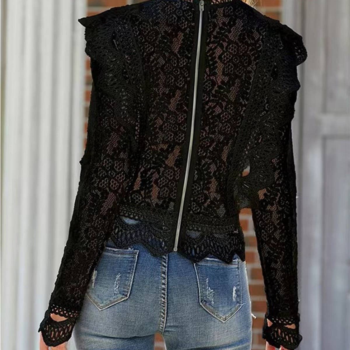 Solid Color Cutout Lace Crop Long Sleeve Top