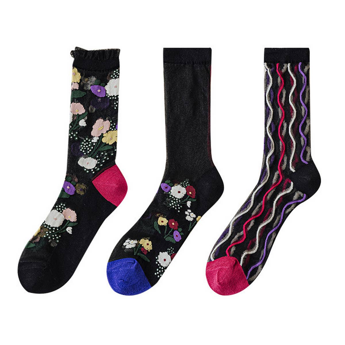 RETRO CASUAL FLORAL BLACK SOCKS_CWMS0562
