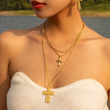 FRENCH PLEATED GOLD CROSS DOUBLE NECKLACE_CWAJE1899