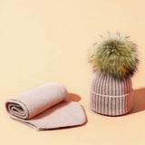 Knit Hat & Scarf Set With Pom Ball_Cwah05028