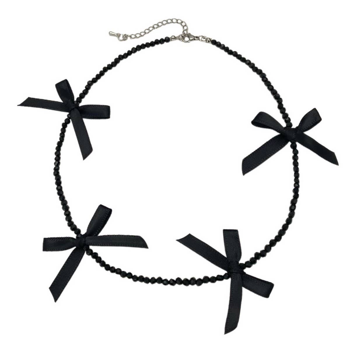 HAND WOVEN BLACK CRYSTAL BEADED BOW NECKLACE_CWAJE3075