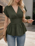 Womens V-Neck Waist-Defining Pleated Shirt