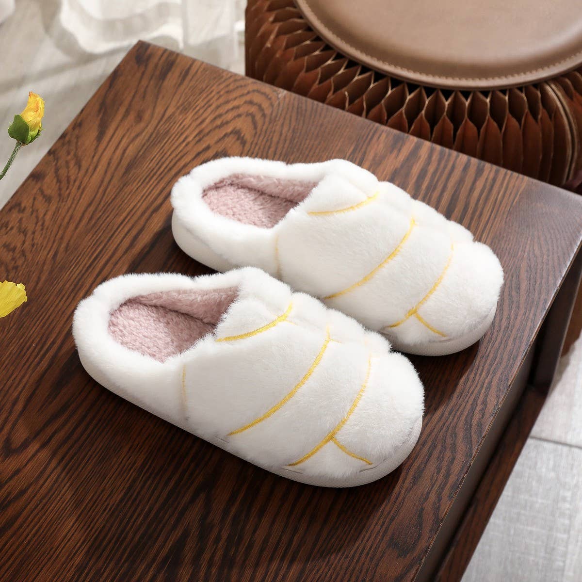 Unisex Concha Bread Furry Indoor Slippers_Cwshf00218