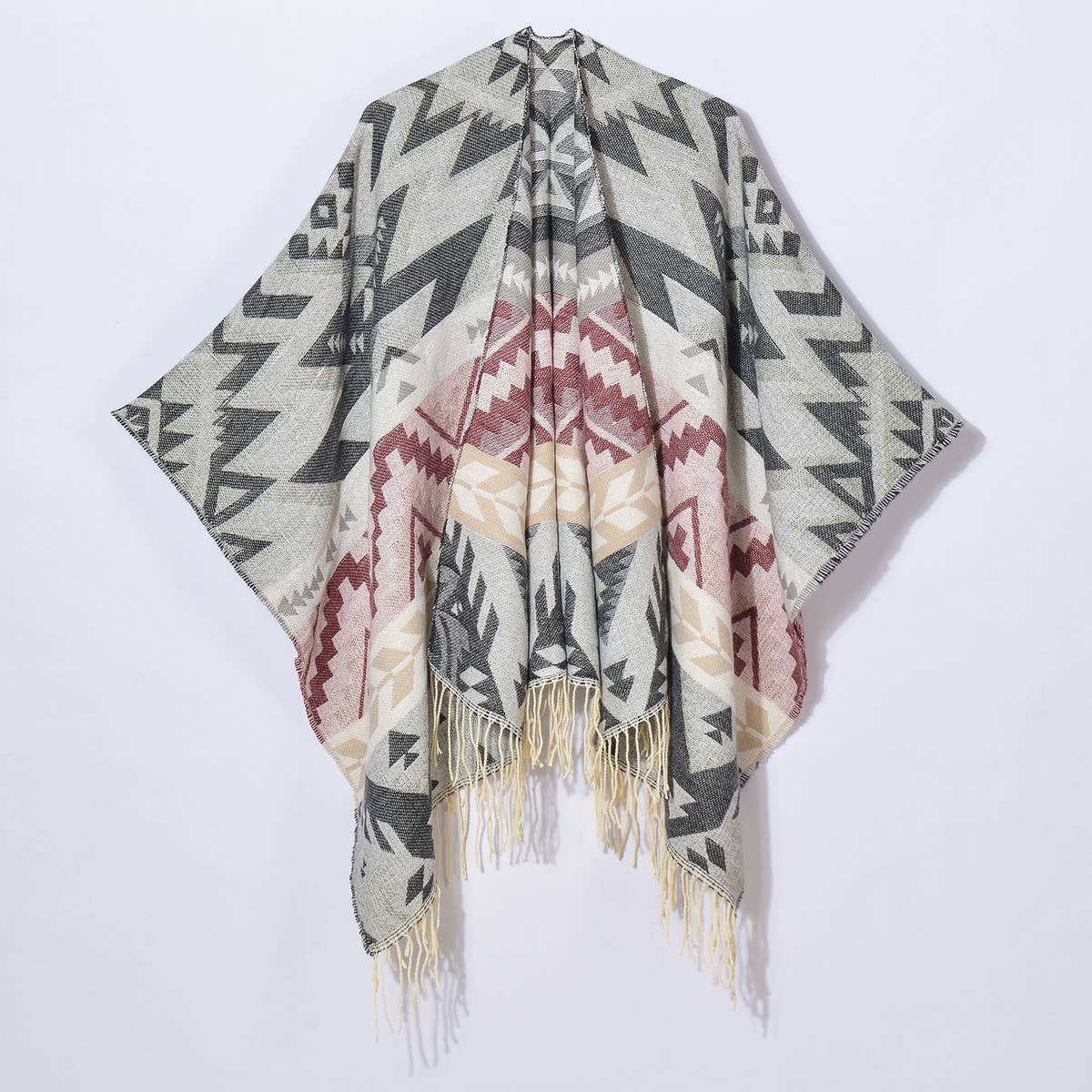 GEOMETRIC WAVE TASSEL SLIT SHAWL_CWASC0990