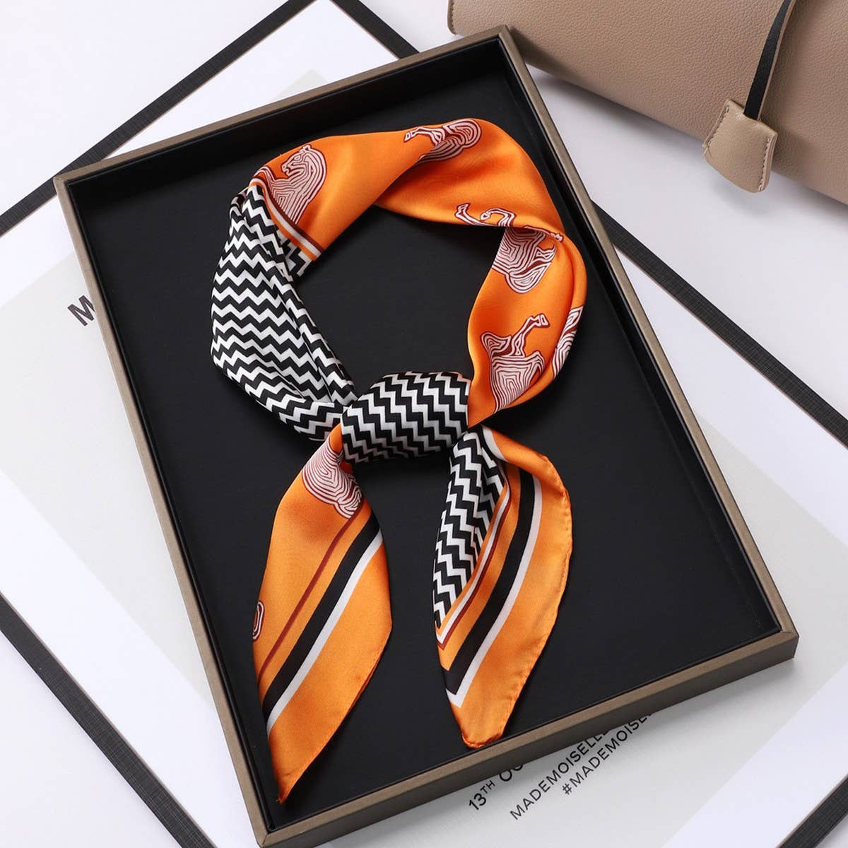 Vintage Letter Print Satin Square Scarf For Women_Cwasc0809