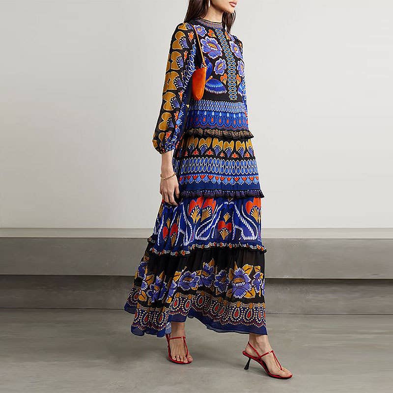 Vintage Long-Sleeved Printed Cake Fashion Dress
