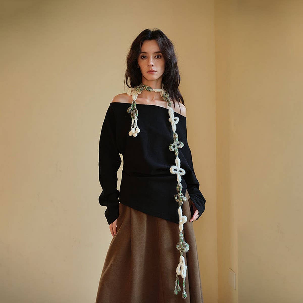 FLORAL KNIT SKINNY SCARF CROCHET NECK WRAP_CWASC2339