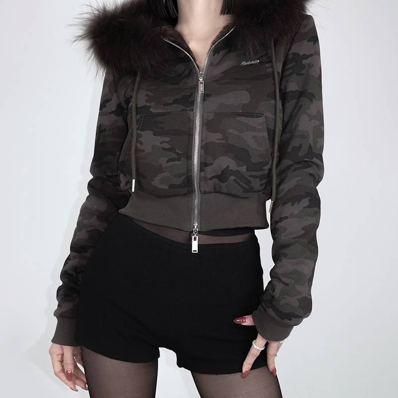 Woolly Patchwork Zipper Hoodie Coat Lady