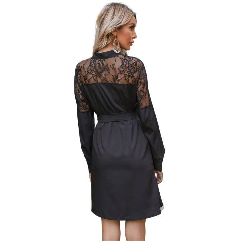 Semi-Turtleneck Patchwork Lace Shirt Dress