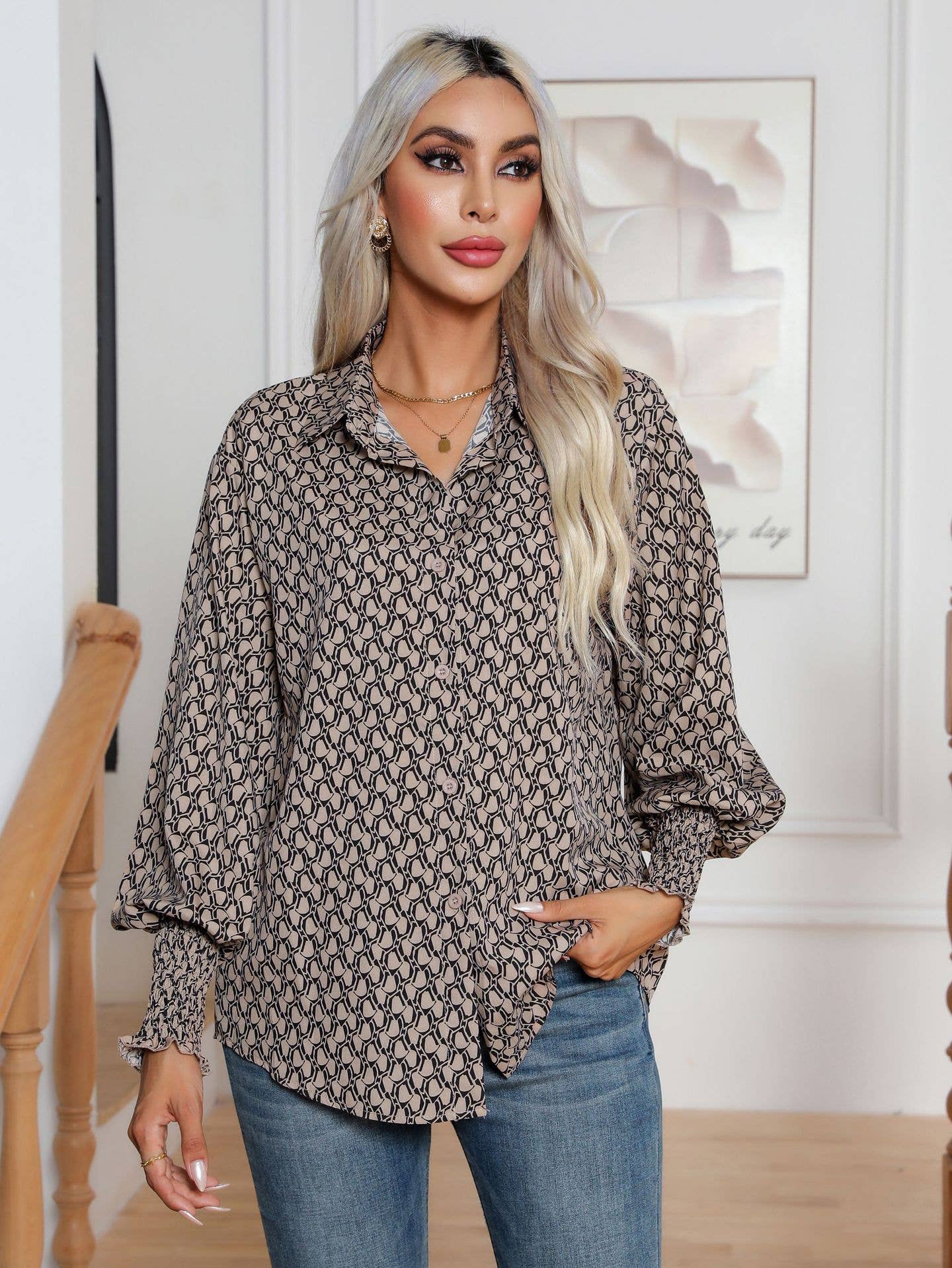 Womens Shirt With Printed Lantern Sleeves
