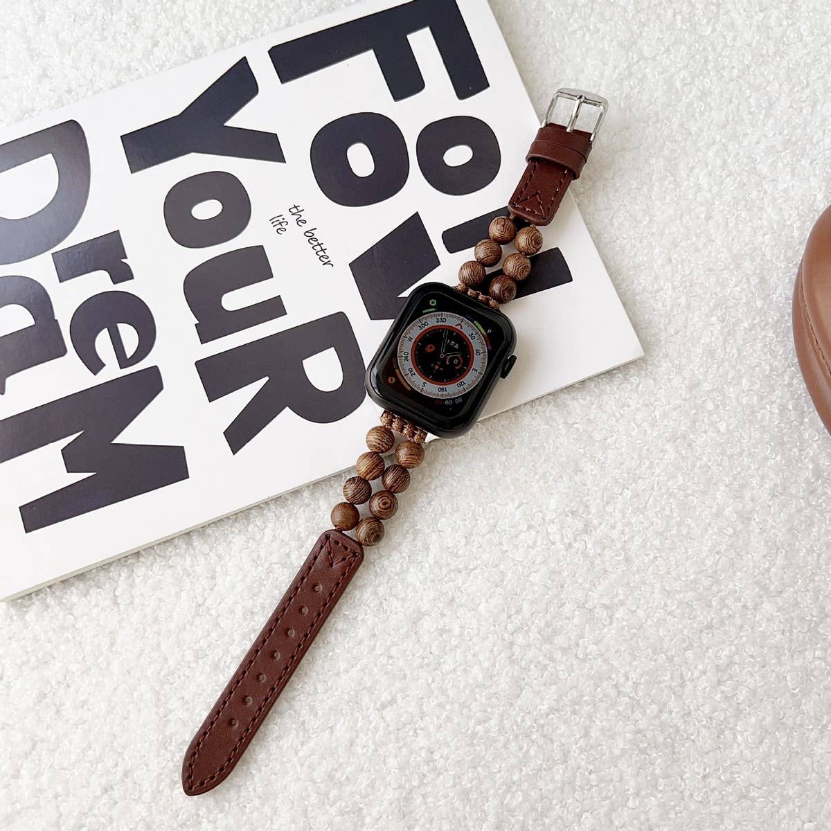 IWATCH9 1 SE WOODEN BEADS GENUINE LEATHER STRAP_CWWW0048