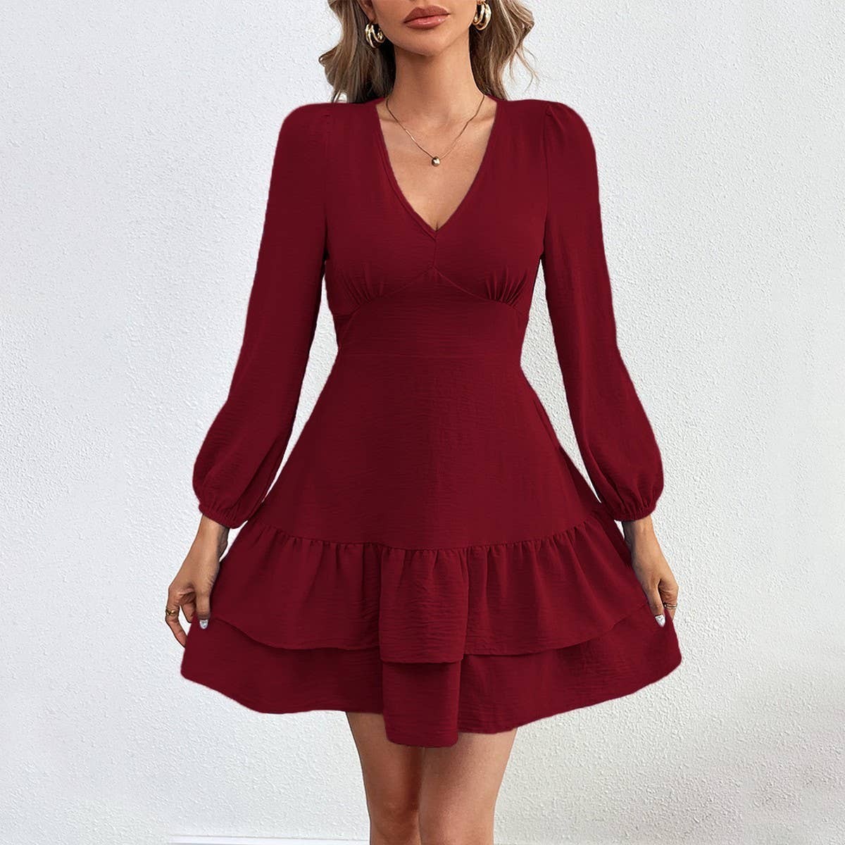 V-Neck Backless Lace Long-Sleeved Dress With Ruffles