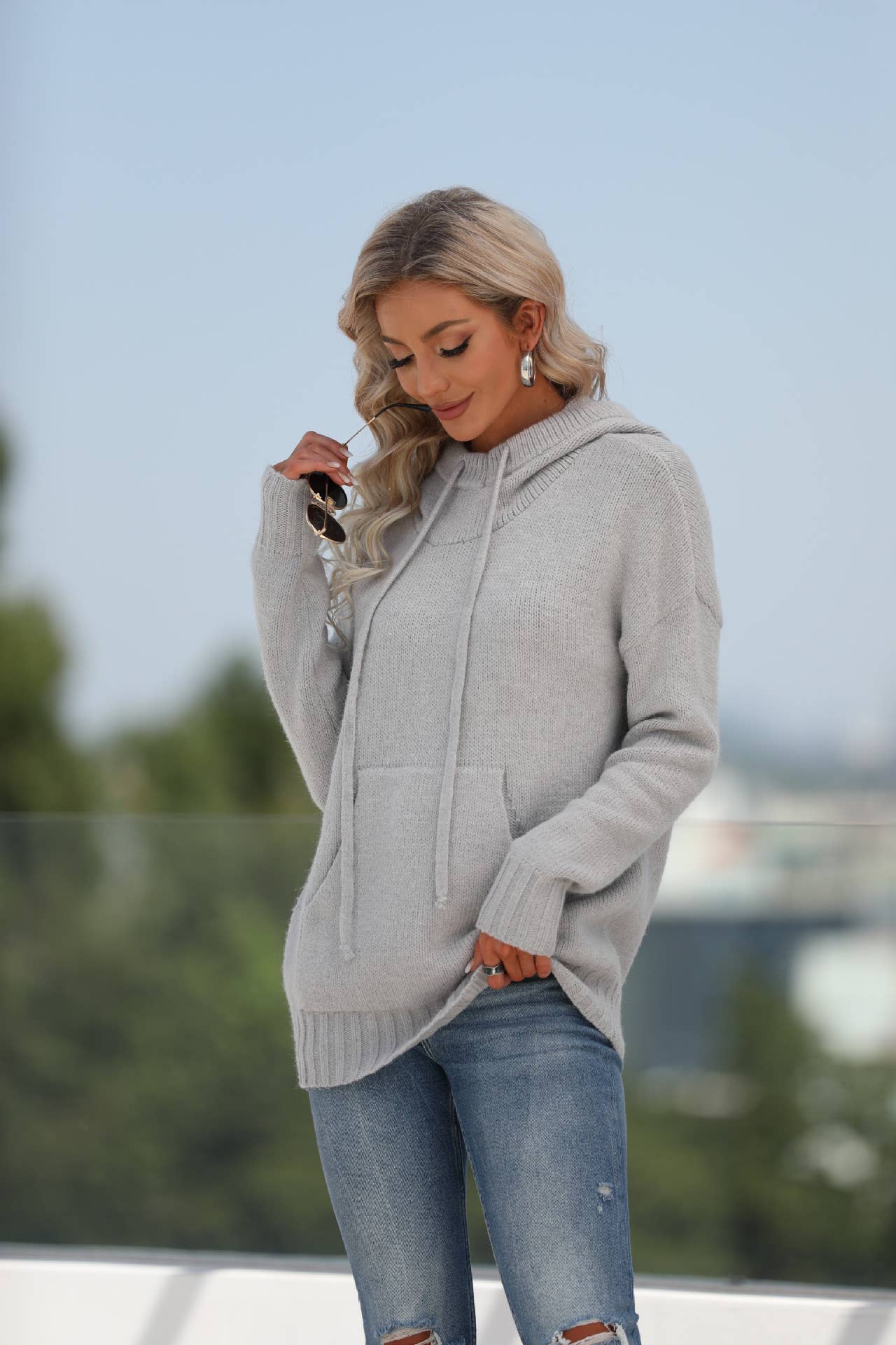 Solid Color Kangaroo Pocket Hooded Sweater