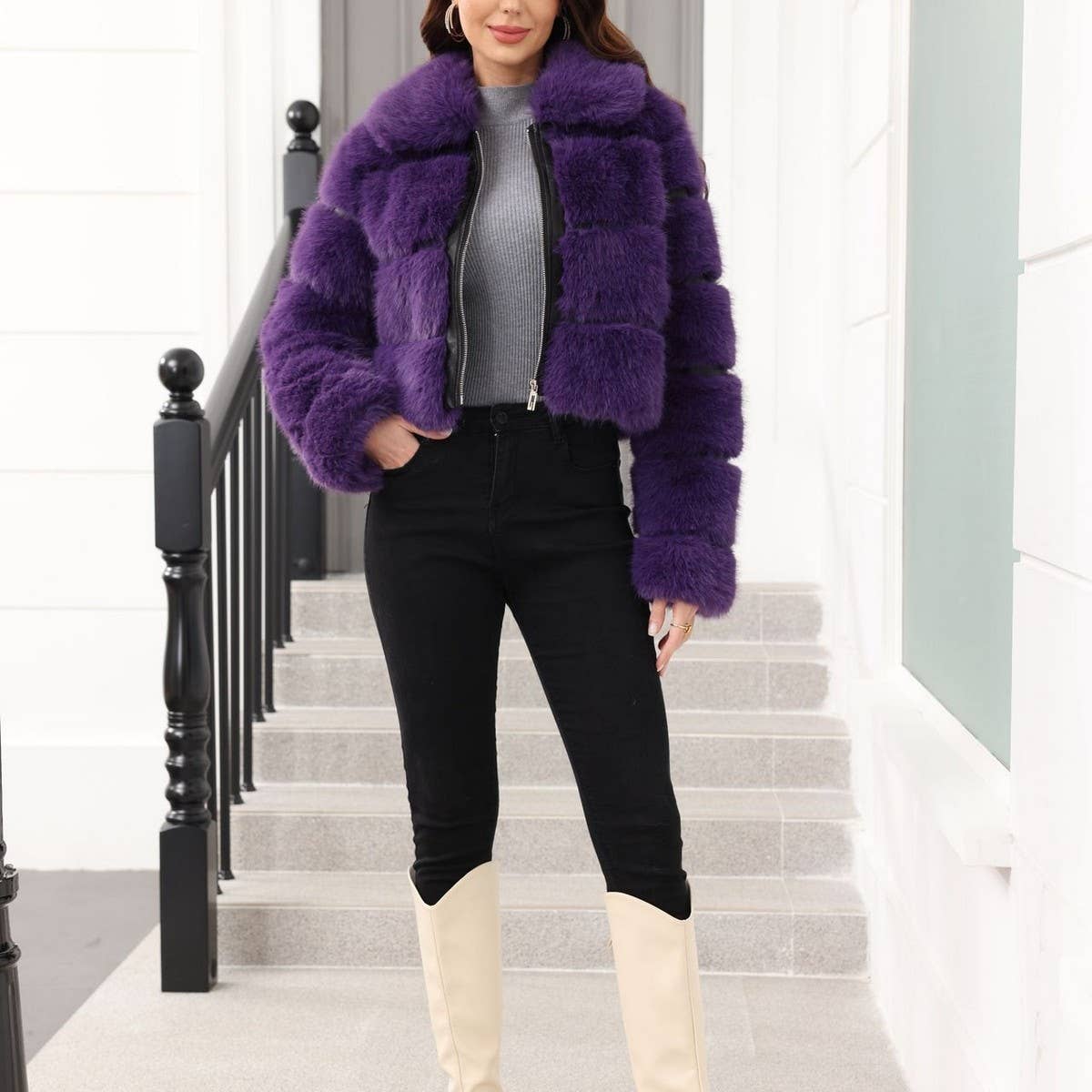 SOLID COLOR FAUX FUR JACKET WOMEN WINTER FALL_CWMM9114