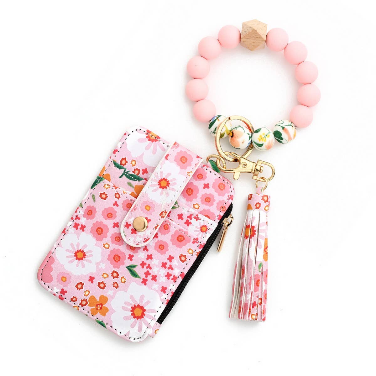 FLORAL PU WALLET WITH BEAD BRACELET CARD HOLDER_CWAB4955