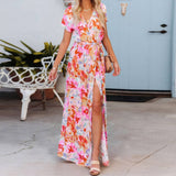 Vacation-Style Printed V-Neck Short-Sleeved Dress