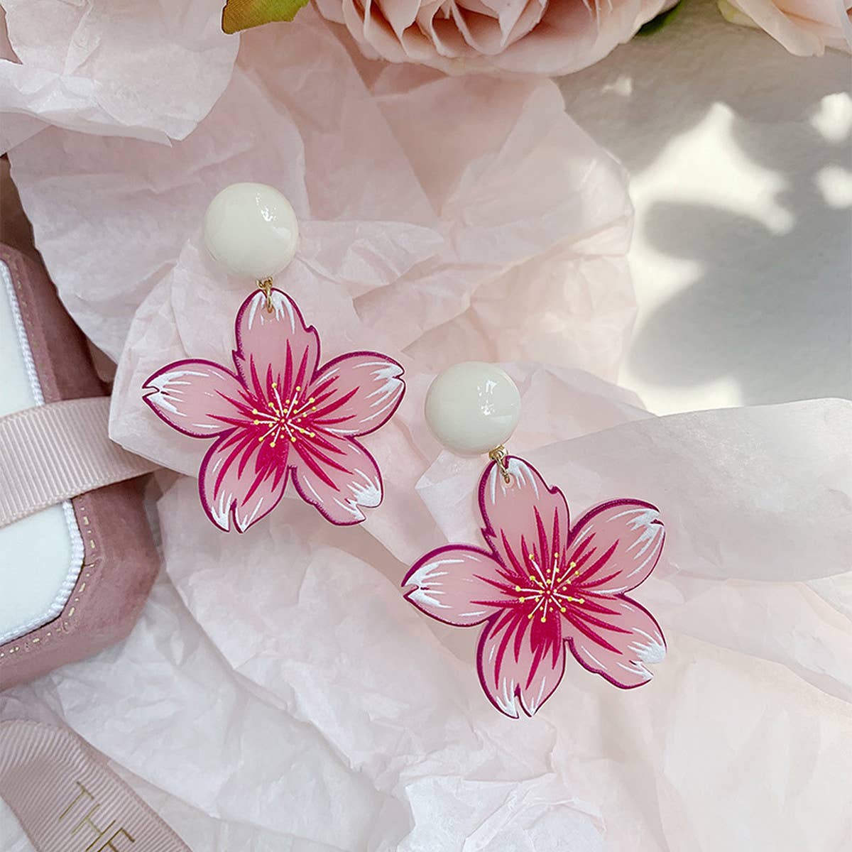 PEACH PINK FLOWER FRESH EARRINGS_CWAJE1624