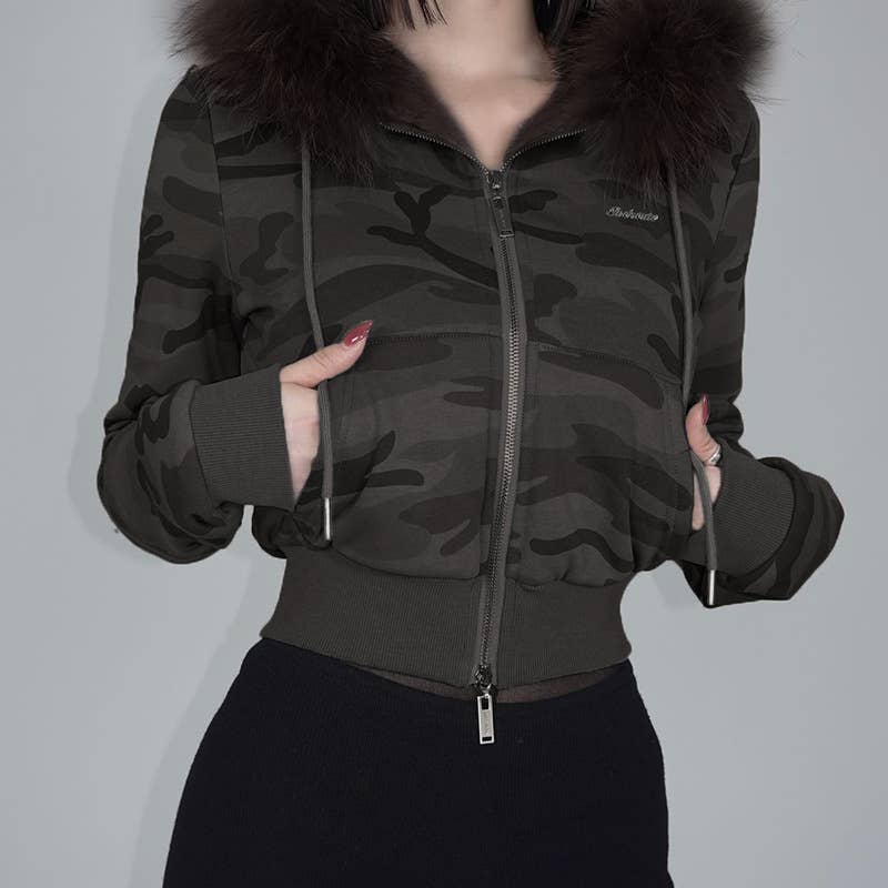 Woolly Patchwork Zipper Hoodie Coat Lady