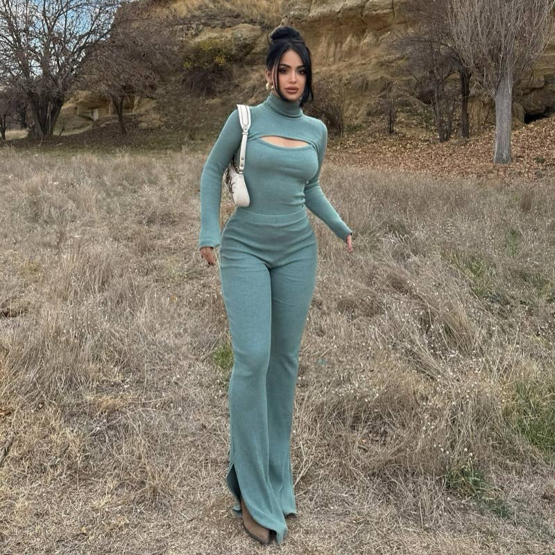 Stylish Cut-Out Slim-Fit Straight-Leg Pantsuit