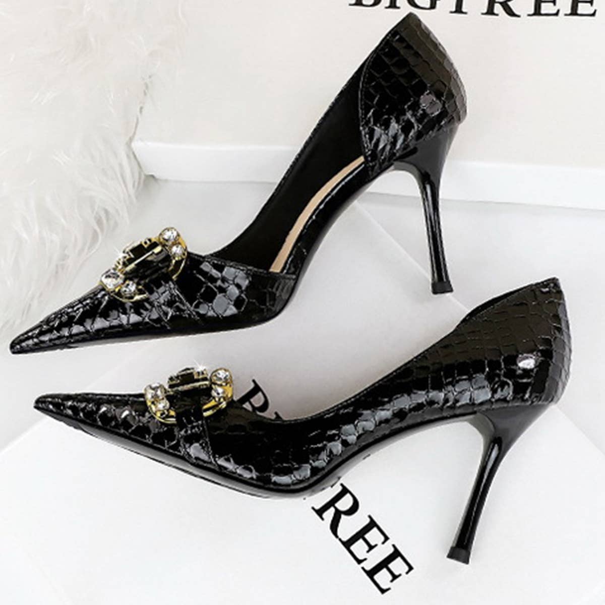 Women Metal Rhinestone Buckle High Heels