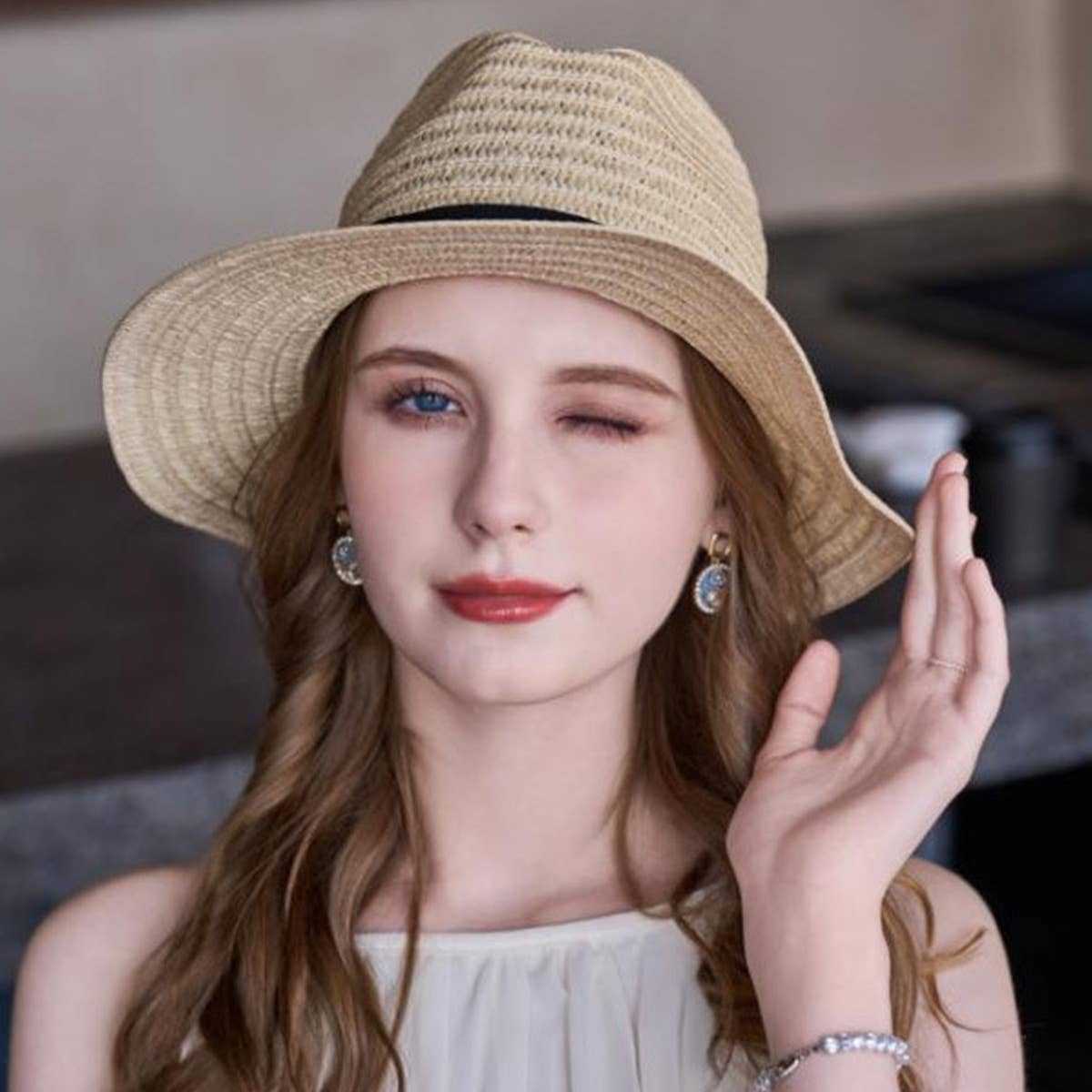 SIMPLE SUN PROTECTION FLAT TOP BEACH HAT STRAW HAT_CWAH1331