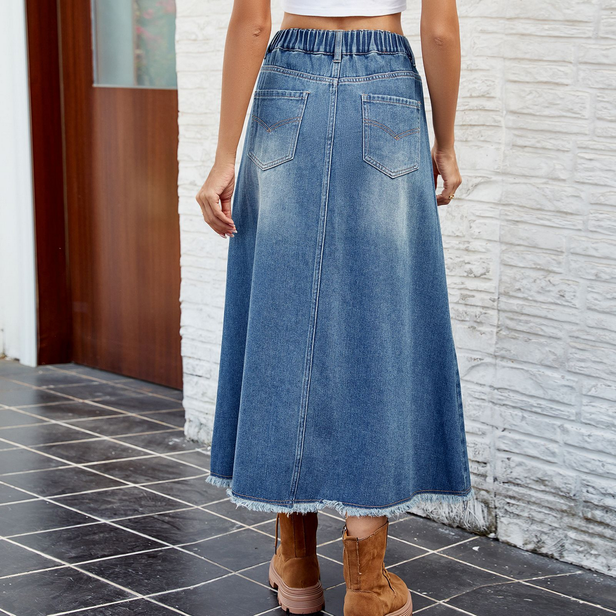 Wome Washed Denim Midi Skirt With Raw Hem_Cwjsk0199