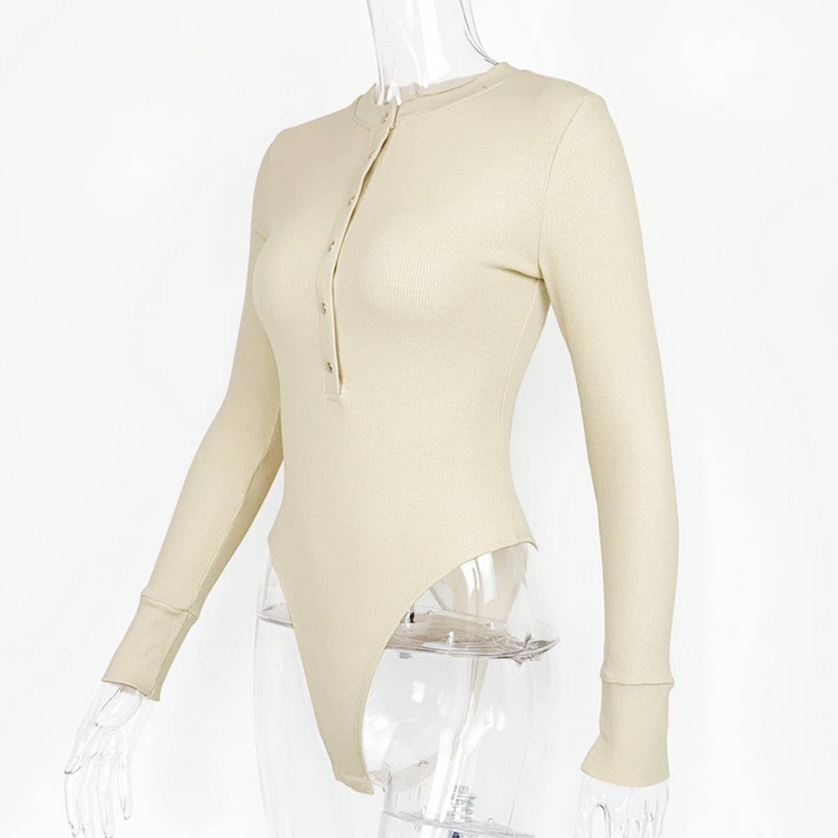 BUTTON COLLAR RIBBED LONG SLEEVED BODYSUIT_CWSBSL0043