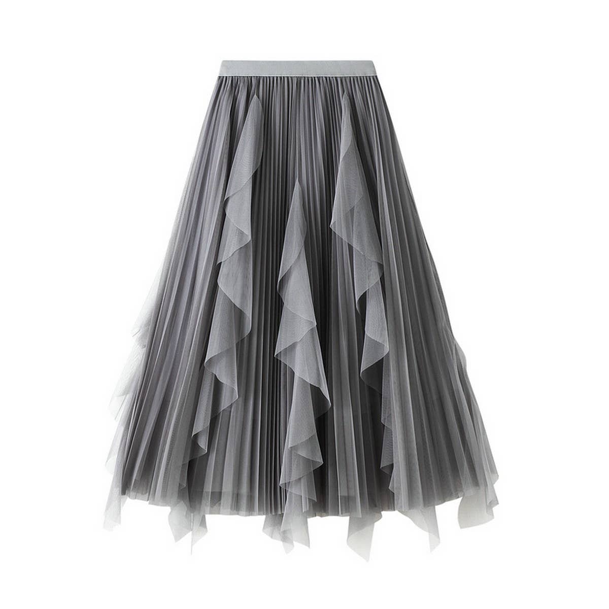 RUFFLED MESH PANEL HIGH WAIST PLEATED MIDI SKIRT_CWBMS0381