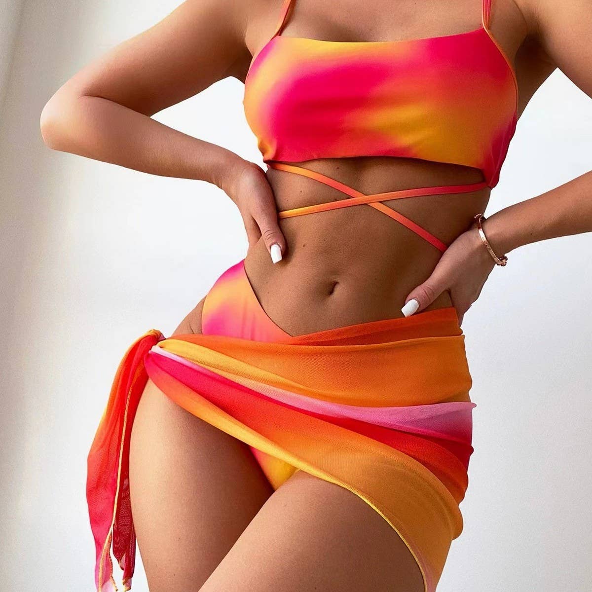 Tie-Dye Bikini Set 3 Piece With Mesh Skirt_Cwmw0143