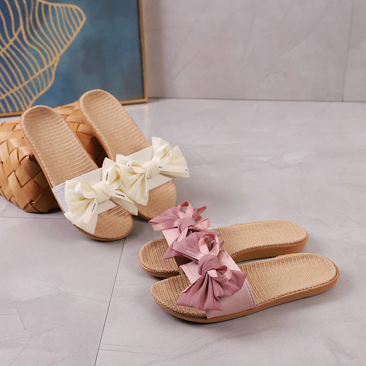 CUTE BOW LINEN SLIPPERS FOR HOME OFFICE_CWSHF0177