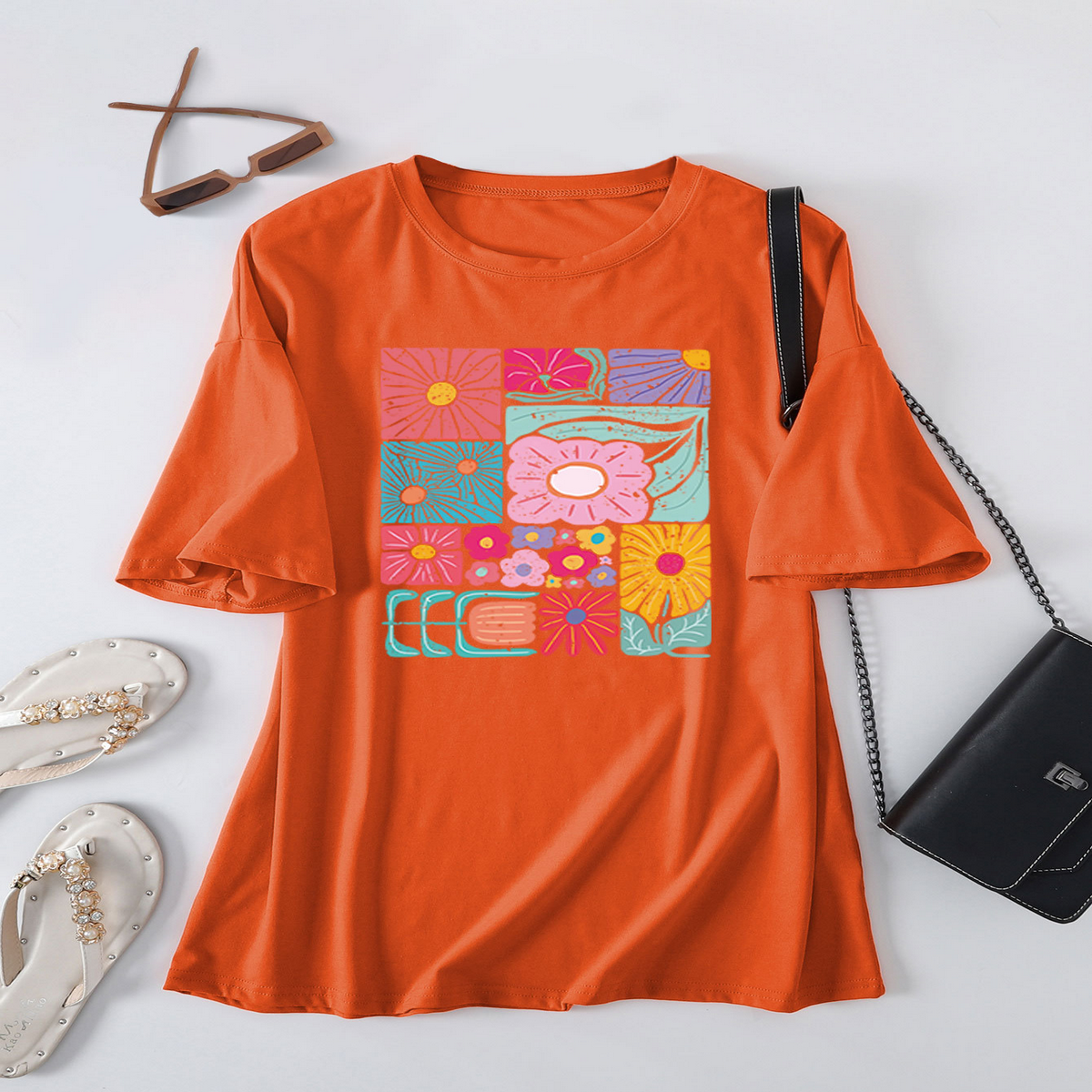 Womens Loose Fit Tee With Colorful Flowers_Cwtts1466