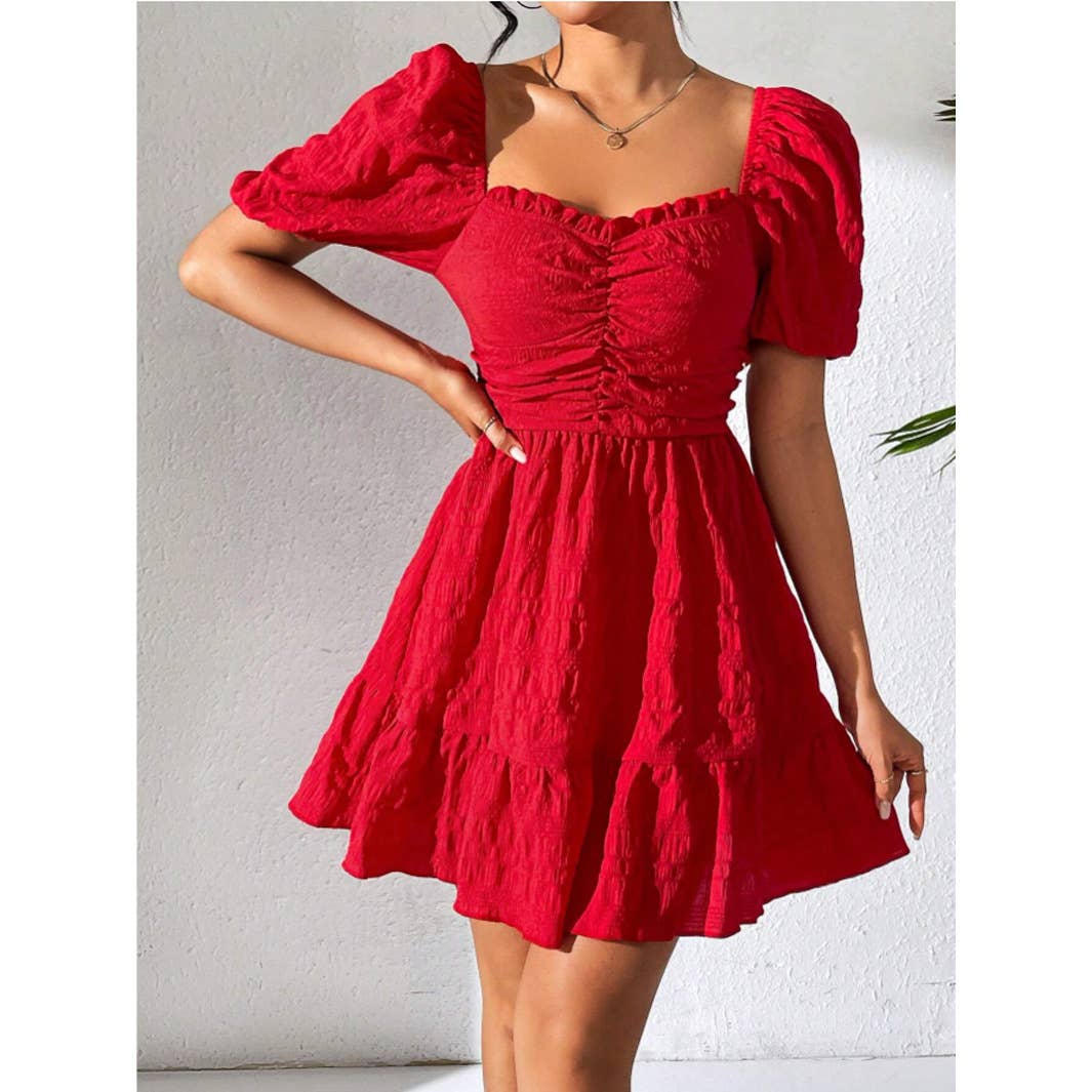 Solid-Color Square-Neck Short-Sleeved Dress