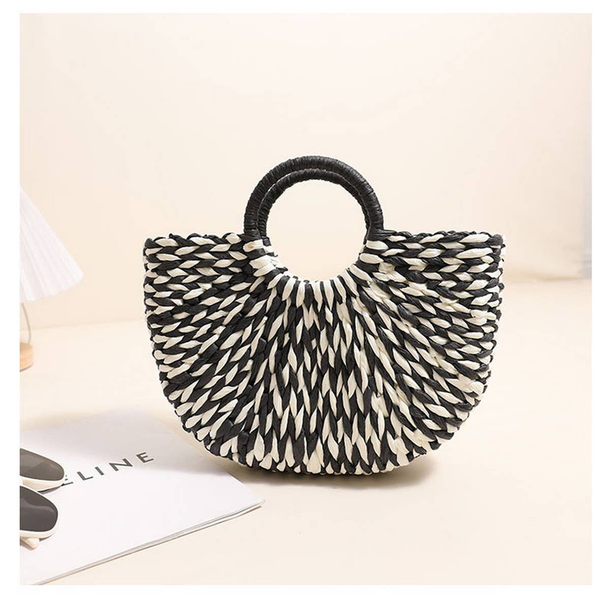 HALF ROUND SHOULDER BEACH TOTE STRAW BAG_CWAB1868