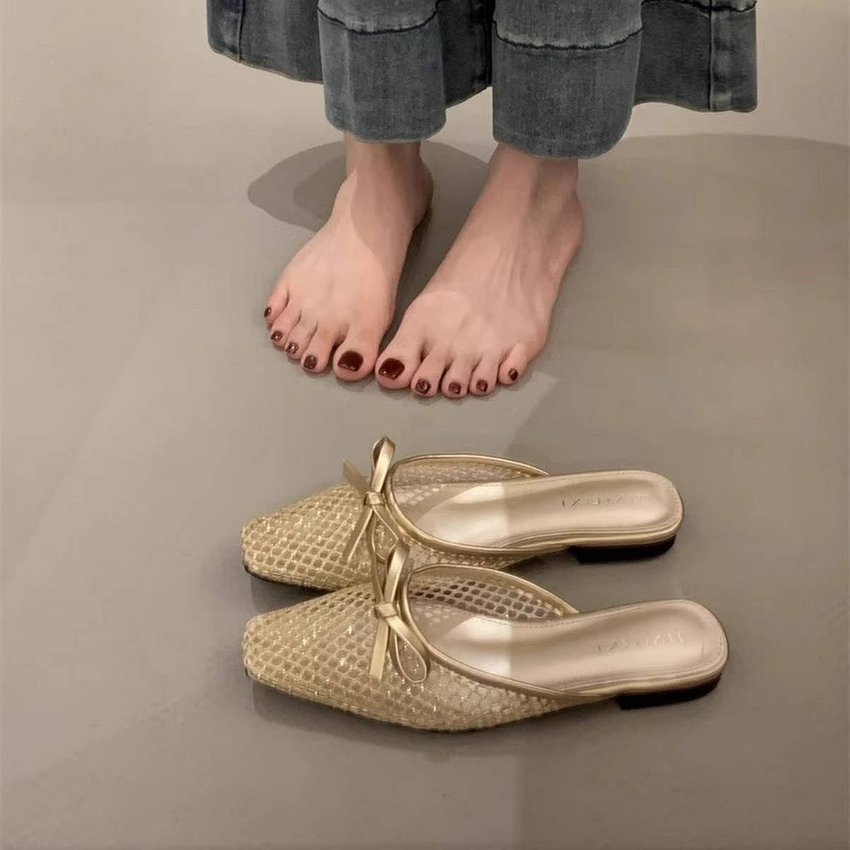 MESH BOW KNIT MULES FLAT BALLET SLIP ON SHOES_CWSHF0114
