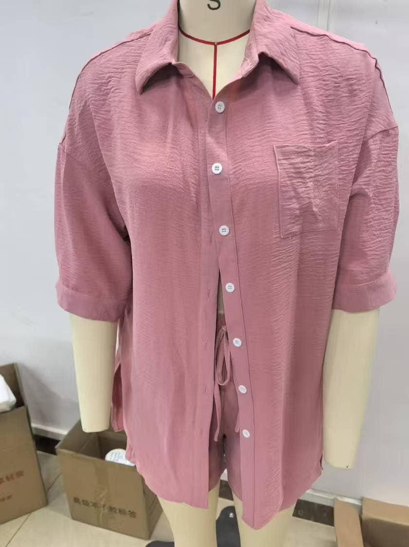 Solid-Color Single-Breasted Shirt Set