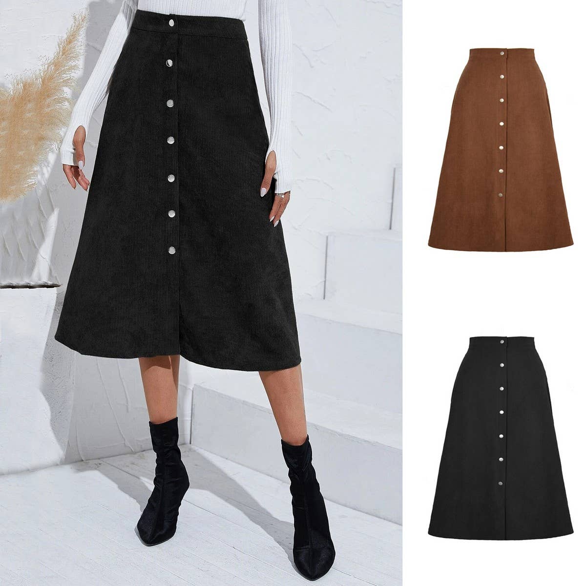 CORDUROY SKIRT SINGLE BREASTED HIGH WAISTLONGSKIRT_CWBSS0372