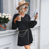 V-Neck Skirt Fluoroscopy Long-Sleeved Dress