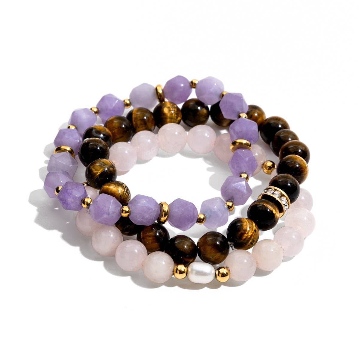 18K GOLD PINK QUARTZ PEARL STEEL BEAD BRACELET_CWAJE4779