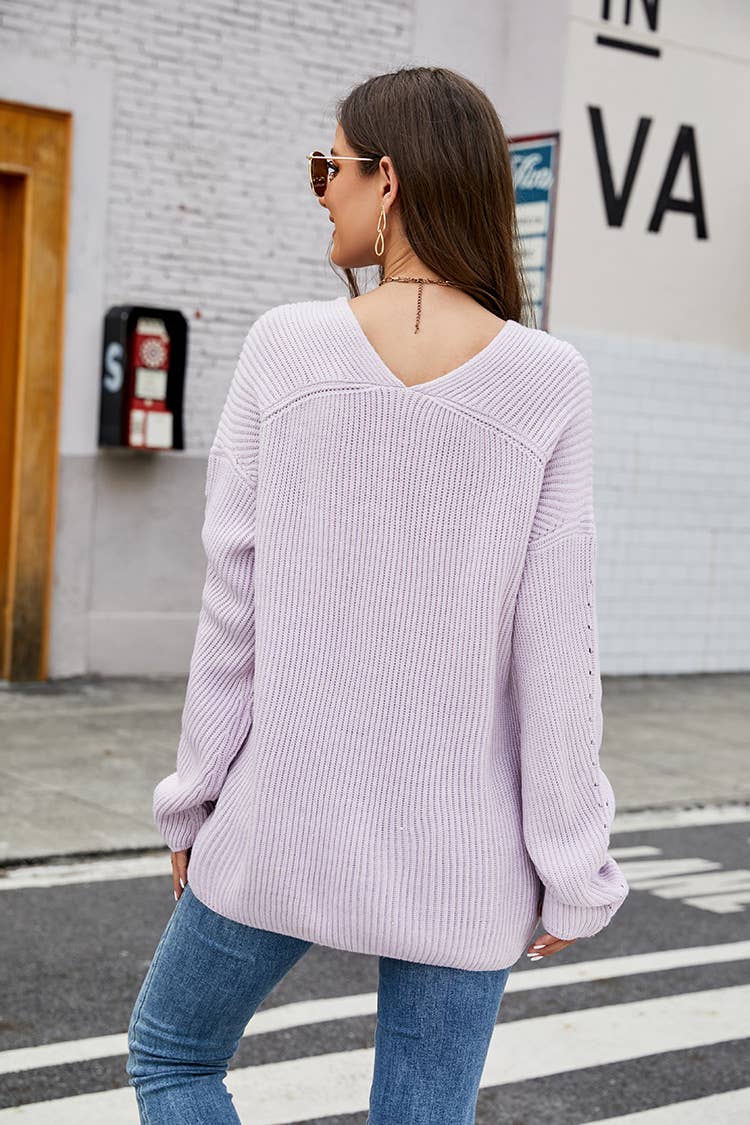 V-Neck Casual Pullover Loose Solid Color Knit Sweater