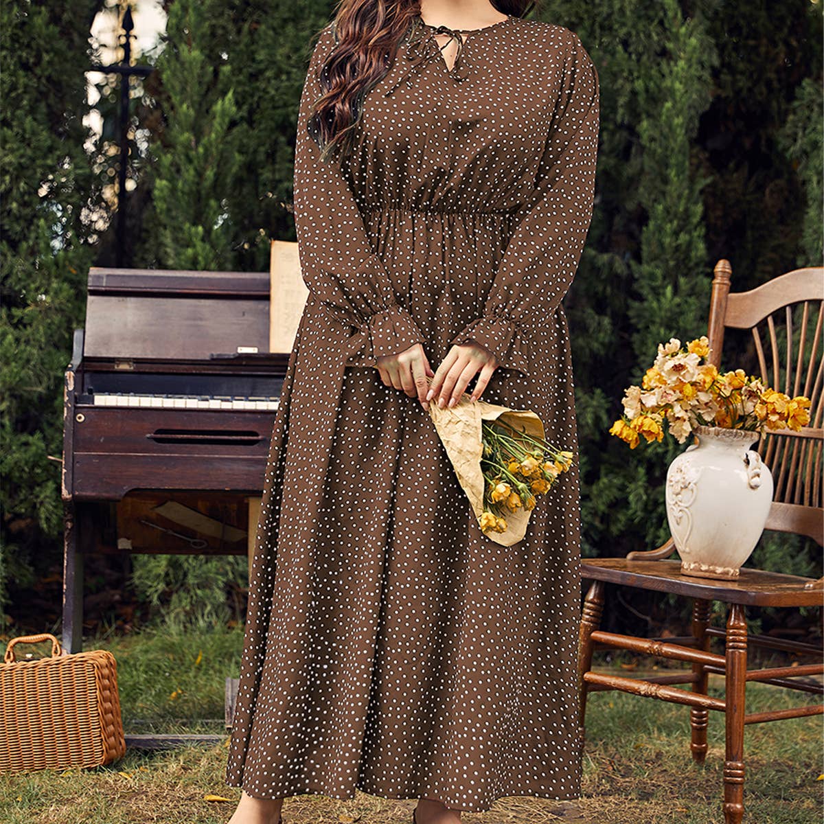 PLUS SIZE POLKA DOT DRESS LOOSE LONG SLEEVE FIT_CWDMD5977