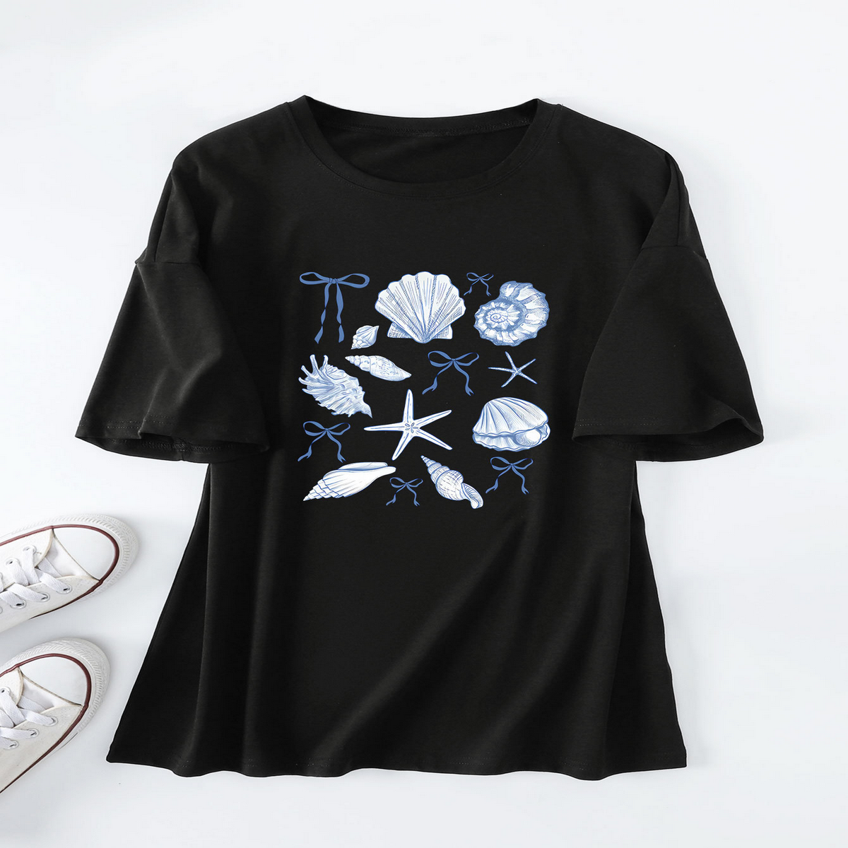 CUTE BOW PRINT T SHIRT FOR WOMEN SHELL NECKLINE_CWTTS1465
