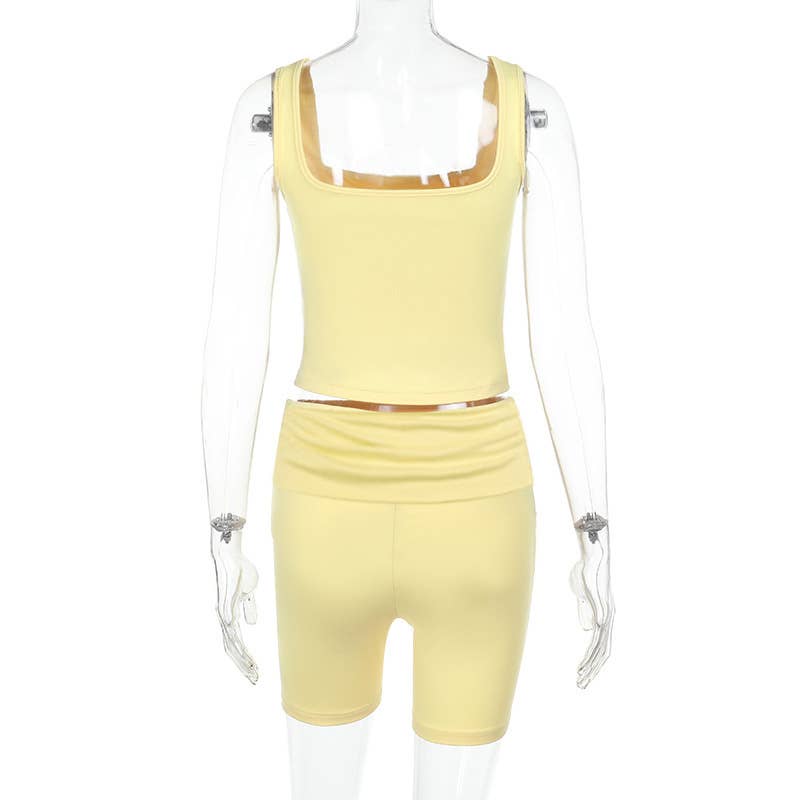 Square Neck Pleated Trendy  Crop Top Set